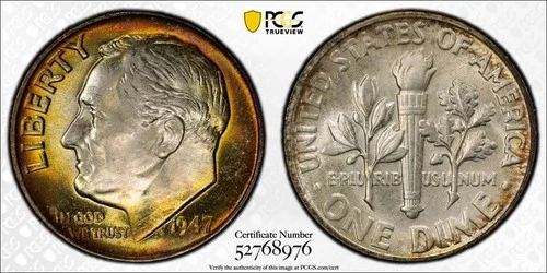 1947 Roosevelt Dime 10C PCGS MS65 Toned