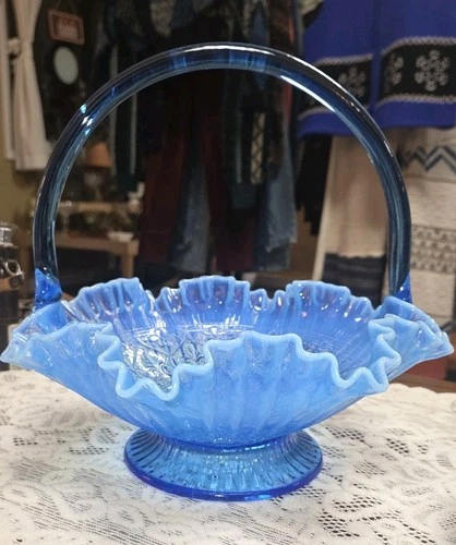 RARE Vintage Fenton 1980s  Bridal Basket Blue Opalescent Uv Glow Hearts And rose