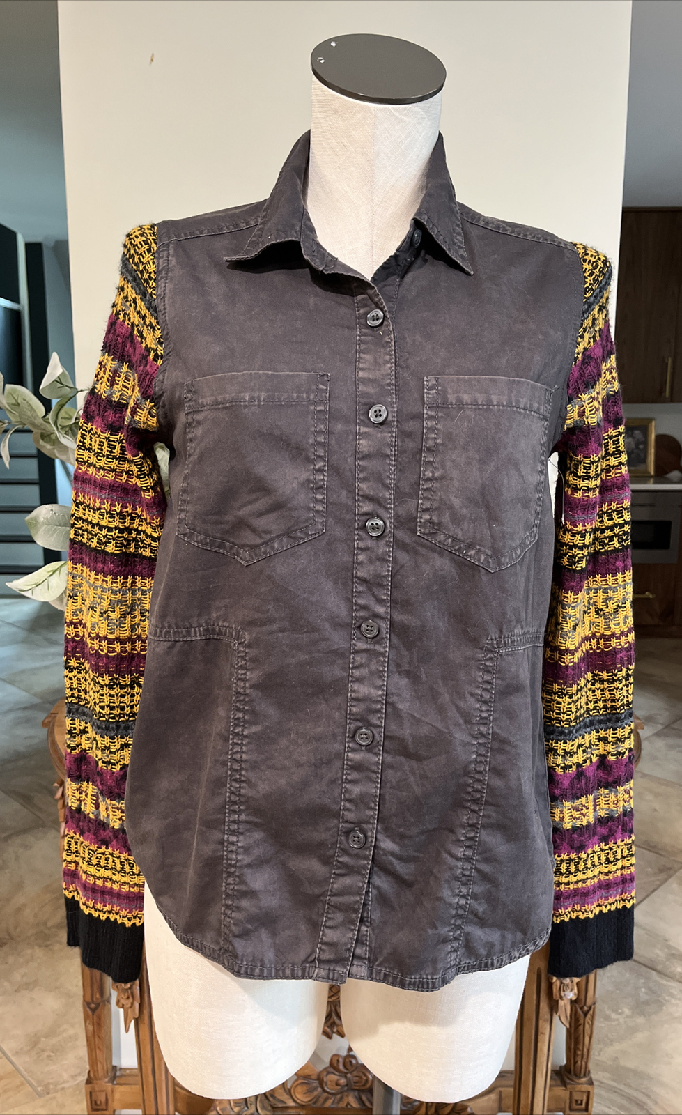 Free People XS Gray Cotton Button Front Knit Sweater Top with Long Sleeves