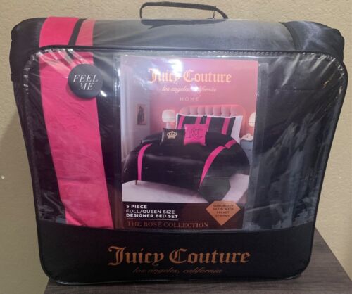 Juicy Couture Rose Collection Black Satin/Hot Pink 5pc FULL/QUEEN Comforter Set