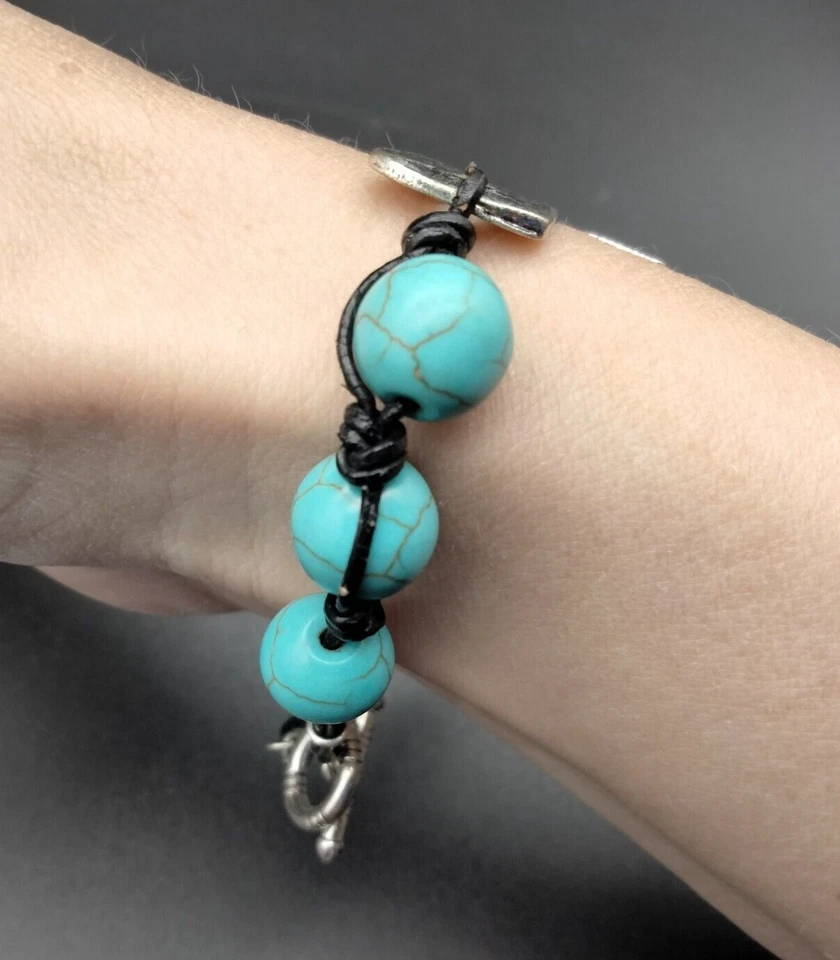 Vintage Faux Turquoise Bead Cross Bracelet Unique Boho Adjustable 5.5-9" Estate - Image 3 of 4