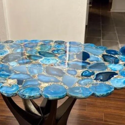 Mesa de centro de piedra de ágata azul ovalada 36"x24" mosaico arte muebles hechos a mano decoración - Imagen 6 de 7