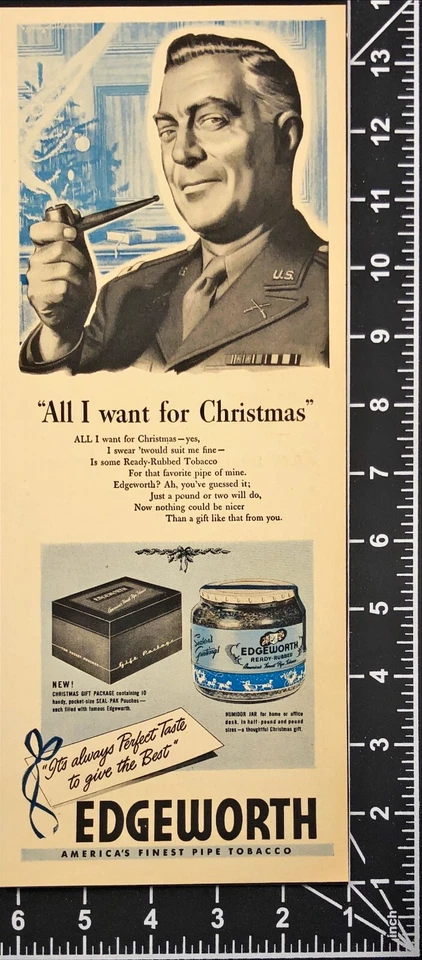 1943 Edgeworth Pipa Tabaco Navidad Militar Hombre Pipa para Fumar Segunda Guerra Mundial Anuncio Impreso Foto 2 de 4