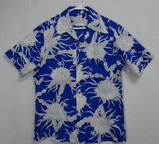 Vtg 70's Sears Hawaiian Fashions Blue White Tropical Floral Camp Shirt Mens L