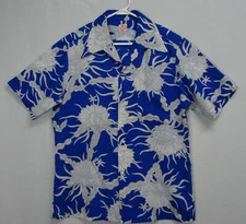 Vtg 70's Sears Hawaiian Fashions Blue White Tropical Floral Camp Shirt Mens L