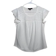 Adrienne Vittadini Blouse Women's Small White Short Sleeve Ruffle Casual Top