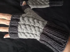 Grey Handmade Twist Knit Fingerless Gloves Mittens Arm Warmer 9 inches