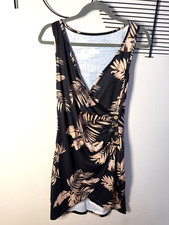 SHEIN Brown/Stone Palm Print Soft Wrap Summer Dress Wooden Button Detail L 12-14