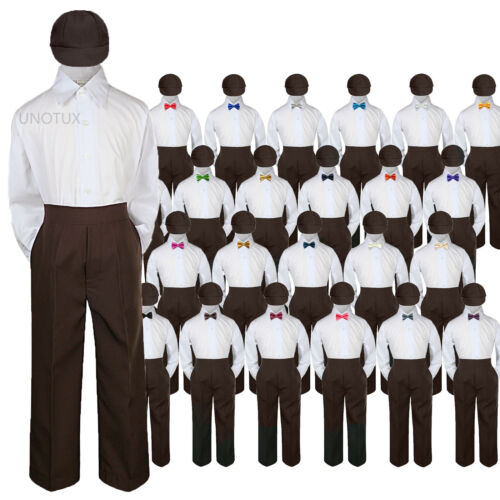 4pc Shirt BROWN Pants Bow Tie Set Baby Toddler Kids Boys Formal w/ Hat Suits S-7 - Picture 1 of 24