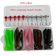 35Pcs Lead Jig Head Fishing Hooks Fishing Lure Paddle Tail Swimbaits Bass Trout