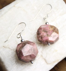 Rhodonite-Faceted-Natural-Pink-amp-Brown-Gemstone-925-Sterling-Silver-Earrings