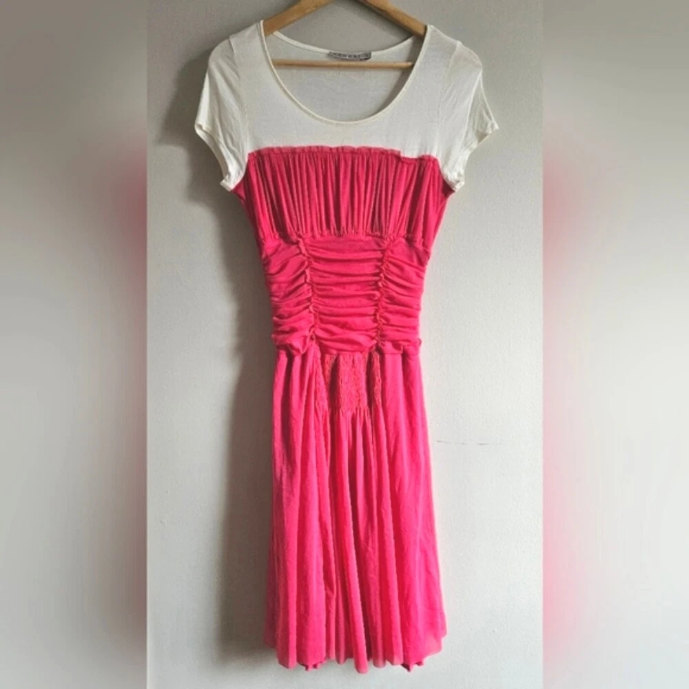 KOOKAI ruched hot pink mesh t shirt dress AU 6 US 2 XS