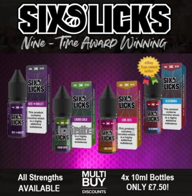 baby licked vape juice SIX LICKS E-Liquid 10ml (50/50) Pack of 4 Bottles ONLY £7.50! BARGAIN PRICE! Flavour:Multi Flavour - Blue Edition Vaping Taxes by State, RUFF