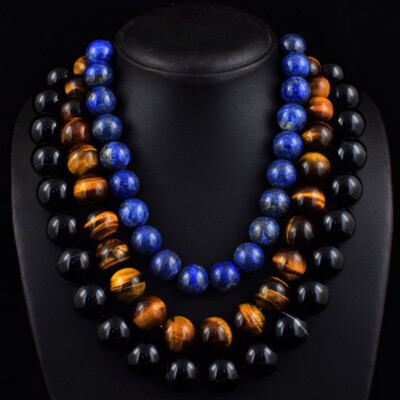 2228 Cts Natural Tiger Eye & Lapis Lazuli Round Shape Beads Necklace JK 33E375