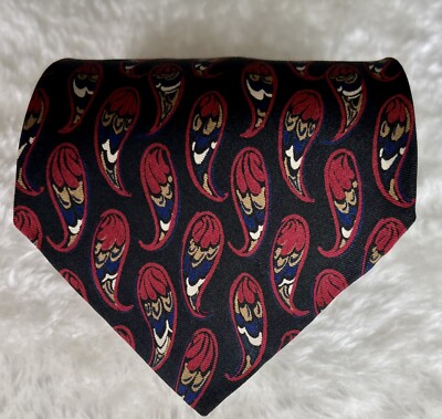 Ted Lapidus Tie Paris Black Red Paisleys Necktie, 100% Silk, Made In USA