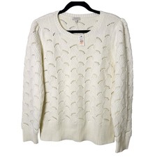 NWT Talbots L Ivory Wool Blend Sweater Pointelle Long Sleeve Crew Neck Pullover