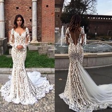Sexy Mermaid Wedding Dress V Neck Long Sleeves Applique Sweep Train Bridal Gowns
