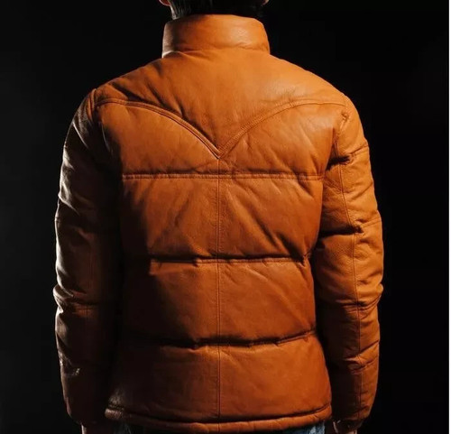 Men's TAN Puffer Jacket Real Lambskin Leather Quilted Bomber Jacket Gift For Him - Picture 4 of 7