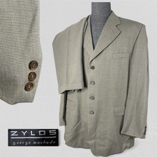 Zylos 2 Piece Suit Mens 48L 42x32 Beige Multicolor Microcheck Wool Four Buttons
