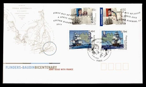 DR WHO 2002 AUSTRALIA FDC JOINT ISSUE FRANCE FLINDERS BAUDIN ANIV COMBO w29715