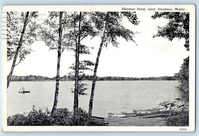 1957 Gardiner Maine ME Vintage Postcard Pleasant Pond Canoe Boat Dock Lake River