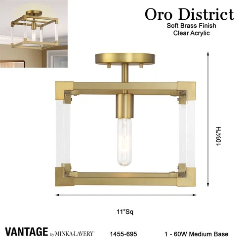 Minka Lavery 1455 Oro District 1 Light 11"W Vantage Semi-Flush - Brass - Picture 8 of 9