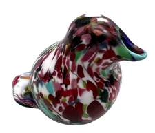 Vintage Joe St. Clair Art Glass Bird Paperweight Marbled White Multi Colored
