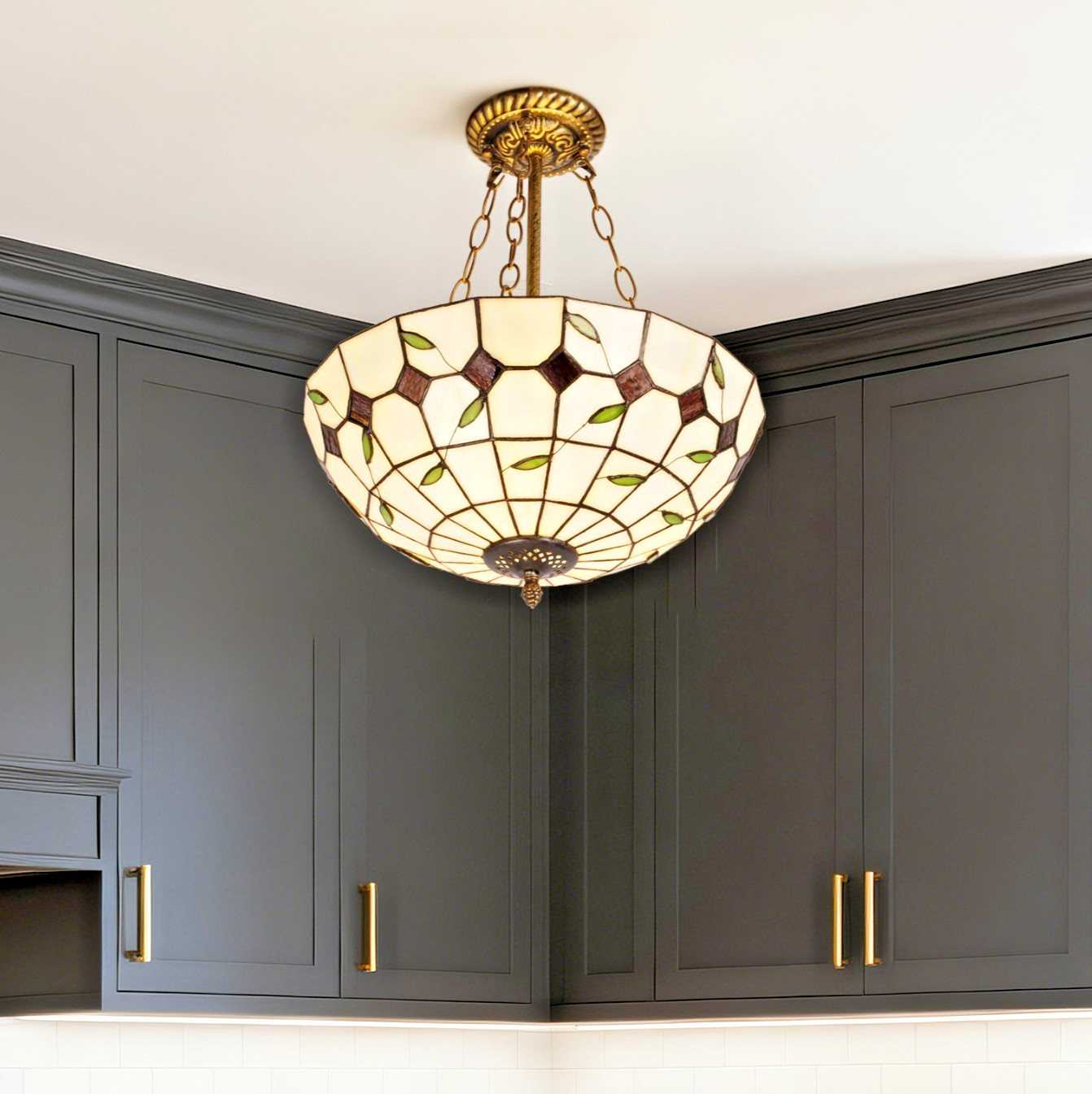 16''Simple Tiffany Inverted Lamp, Leaf Grid Glass Pendant La