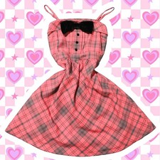 LODISPOTTO Big Ribbon Check Camisole Dress Pink Black Velvet Ribbon Girl Fashio