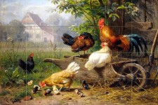 25.5 x 17 Mural Ceramic Farm Rooster Chickens by Carl Jutz  Backsplash Tile 2857