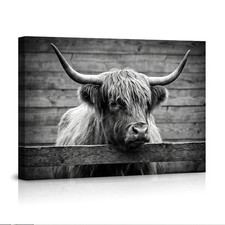 Highland Cow Black and White Canvas Poster Wall Art,Vintage Farm Animal Portrait