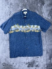 Island Shores Mens XL Blue Tropical Hawaiian Shirt Rayon Scenic Palm Tree Print