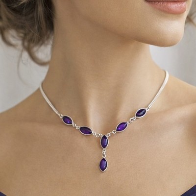 Amethyst Collier Kette Silber 925 Sterlingsilber Lila Indien Halskette Damen ts