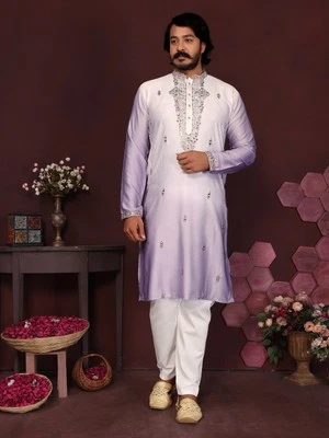 Ensemble Kurta Pajama Homme Traditionnel Indien Coton Bleu Pour Mariage - Photo 1/4