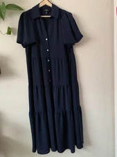 MSK Women’s Size M Short Sleeve Navy Blue Midi/Maxi Tiered Button Up Dress