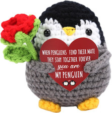 Valentines Day Gifts for Him Her,Positive Crochet Penguin with Rose Flowers for