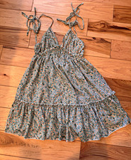Shein Green Floral V-Neck A-Line Mini Dress Tie Straps Ruffle Hem M