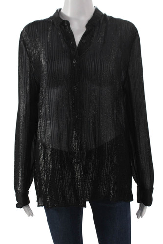 RtA Womens Silk Striped Collared Button-Up Long Sleeve Black Size M