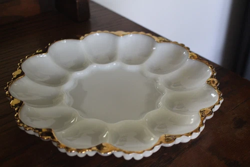 Vintage Milk Glass Egg Plater Serving Dish Deviled Eggs Gold Trim Tray Plate