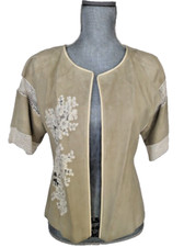 Valentino Beige Suede Lace Embroidery Open Short Sleeve Jacket, 2, NWT $4250