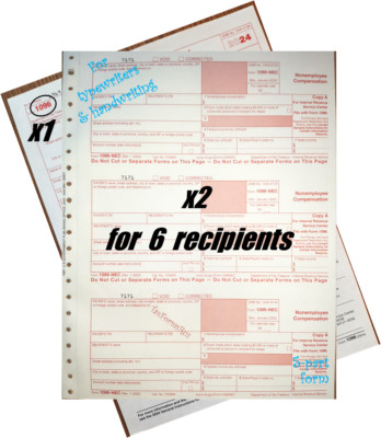 2024 IRS Tax Form 1099-NEC Carbonless for 6 recipients + (1) 1096 --- NO Env