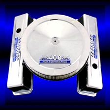 Chrome Tall Valve Covers and Air Cleaner For Chevy 400 Engine Blue HP Emblems 