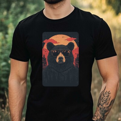 Mens Black Bear Sunglasses Print Cotton T-Shirt Size XS to 5XL