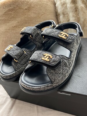 CHANELシャネル フットベット デニム調ベロア サンダル 38 Auth BNIB Chanel 21A Rare Denim Deep Gray Dad Sandals -Size 38 | eBay