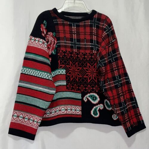 Plaid Snowflake Christmas sweater slightly cropped womens size medium guc e800 - Afbeelding 1 van 3
