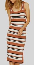 $349 Sanctuary Womens Brown White Stripe Scoop-Neck Bodycon Rib Sweater Dress S