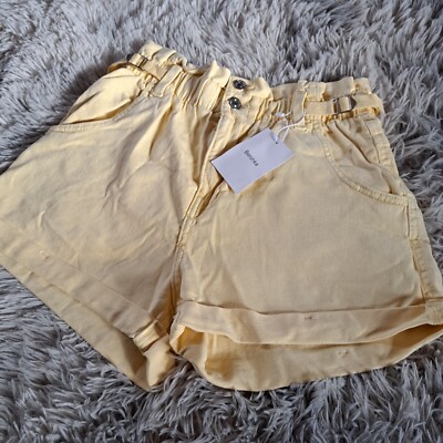 Bershka Lemon High Rise Paper Bag Denim Shorts Uk 12 BNWT