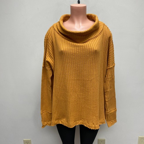 Free People Orange Juicy Long Sleeve Turtle Neck Waffle Split Back Sweater S - Picture 2 of 9