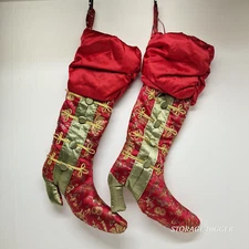 Vintage Christmas Victorian-Style High Heel Stocking Red & Gold Brocade Boot