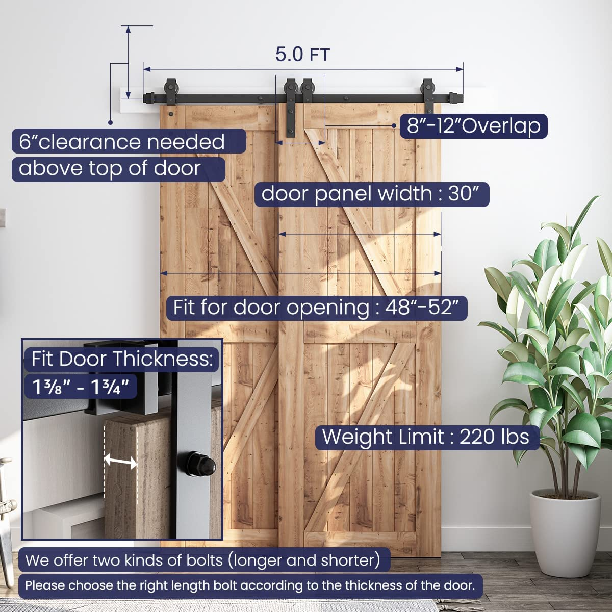 5 Feet Bypass Sliding Barn Door Hardware Kit - for Double Wooden Doors ...